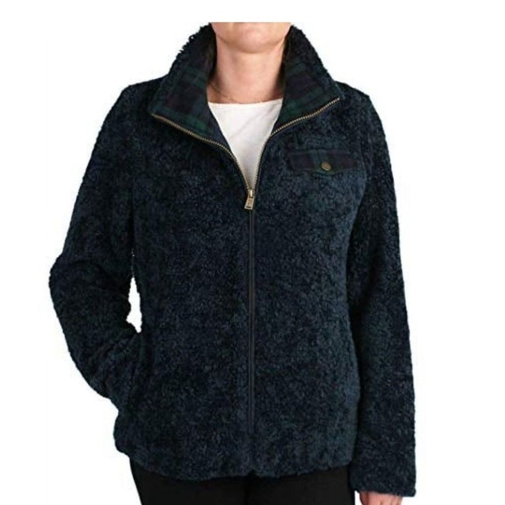 Pendleton Jacket Women's Large Sherpa Fleece Full Zip Deep Pile Fuzzy Dark Blue